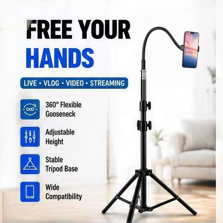 Tripod Lantai 160cm yang Dapat Diatur Ketinggiannya untuk Ponsel, Dilengkapi Leher Angsa Fleksibel, Rotasi 360°, Tinggi Dapat Diatur, Tripod Stabil untuk Live Streaming, Vlogging, Perekaman Video, Video Memasak, Selfie, Kompatibel dengan Ponsel Pintar 2,48 - 3,54 Inci
