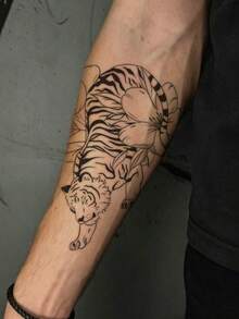 1 PC Men's Black Line Art Tiger & Peony Temporary Tattoo Stickers, Oriental Walking Wild Tiger Floral Large Waterproof Body Stickers For Arm Chest Rib Back Shoulder Decor - Black - View 2