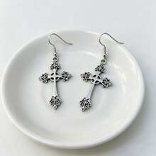 2pcs/Set Cross Gothic Pendant Earrings, Large Silver Exaggerated Traditional Gothic Jewelry, Fashionable & Exquisite, Women's Gift For Girlfriend - Multicolor - View 5