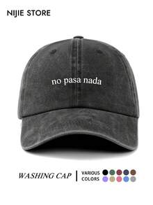 1件 No Pasa Nada 口號印花棒球帽，趣味西班牙諺語中性戶外時尚百搭鴨舌帽，可調節輕量復古做舊水洗帽，舒適透氣防曬帽，夏季旅行必備，適合日常出遊、度假、派對、街頭購物，送給家人朋友的完美禮物 - A - 查看 8