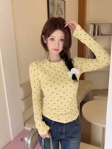 Atasan Lengan Panjang Wanita Motif Polkadot Kasual Serbaguna untuk Sehari-hari, Warna Kuning - Kuning - View 9