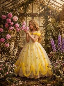Young Girls Mesh Lace Off Shoulder Strap Princess Dress, Elegant, Suitable For Party, Excluding Headband - Yellow - View 2