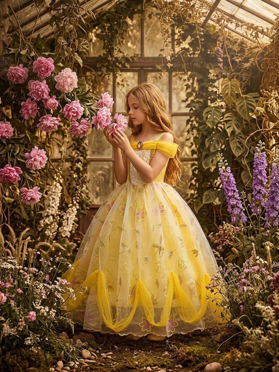 Young Girls Mesh Lace Off Shoulder Strap Princess Dress, Elegant, Suitable For Party, Excluding Headband - Yellow - View 1