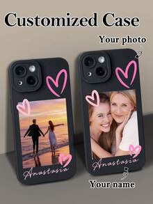 1pc Customized Romantic Couple Photo Doodle Sweet Pink Heart Personalized Signature Phone Case, Suitable For Couples, Friends, Besties, Family, Etc., Black Soft Full Coverage Protective Shell Compatible With Samsung, Apple 13 14 15 14C A14 A15 16A A34 A35 A36 A53 A54 A55 A56 S25 S24 S23 S22 S21 S20 Ultra 16 Pro Max - Multicolor - View 1