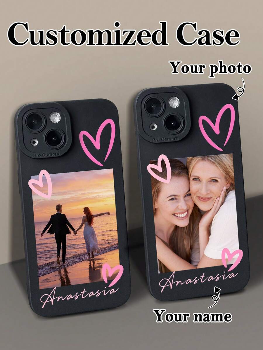 1pc Customized Romantic Couple Photo Doodle Sweet Pink Heart Personalized Signature Phone Case, Suitable For Couples, Friends, Besties, Family, Etc., Black Soft Full Coverage Protective Shell Compatible With Samsung, Apple 13 14 15 14C A14 A15 16A A34 A35 A36 A53 A54 A55 A56 S25 S24 S23 S22 S21 S20 Ultra 16 Pro Max - Multicolor - View 1