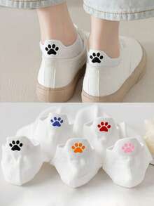 5 Pairs Colorful Cat Paw Summer Breathable Elastic Sports Socks, Popular White Basic Ruffle Socks, Suitable For Campus, Gym, Wedding, Daily Wear, Christmas Gift, Women's Socks - Multicolor - View 10