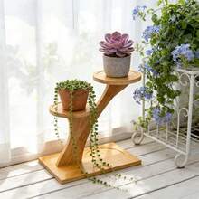 多層植物架 - 時尚圓形木製底座展示架，適合小型盆栽植物、多肉植物等。完美適用於居家、辦公室和陽台裝飾，人造植物家居裝飾，送禮佳品。 - 查看 2
