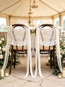 1pc Ivory Lace "Just Married" Chair Back Decor With Long Satin Ribbon Bow, Suitable For Groom & Bride Banquet Chairs, Church Ceremony, Bridal Party, Wedding Couple Chairs Decoration And Photo Backdrop Chair Decor - Off-white - View 7