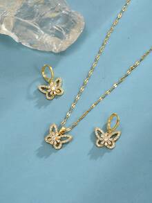 1 Peça Colar Feminino de Aço Inoxidável com Borboleta Oca e Zircônia Cintilante, 1 Par de Brincos Femininos de Aço Inoxidável com Borboleta Oca e Strass Cintilante, Colar Dourado, Joias de Aço Inoxidável, Joias Douradas, Verão, Praia, Joias de Férias, Charme, Orgulho, Joias Ocidentais, Presente para Mulheres, Presente, Presente de Aniversário - Ouro amarelo - Visão 3