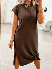 Acelitt Brown Casual Straight Mid-Length Dress, Women's Round Neck Short Sleeve Side Slit T-Shirt Dress, Suitable For Daily Wear Elegant Summer - Brown - View 1