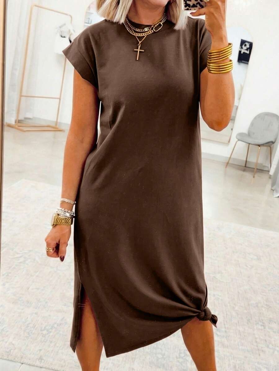Acelitt Brown Casual Straight Mid-Length Dress, Women's Round Neck Short Sleeve Side Slit T-Shirt Dress, Suitable For Daily Wear Elegant Summer - Brown - View 1