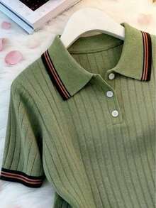 女款夏季通勤日常學院風百搭 Polo 領條紋撞色正肩針織短袖 T-shirt 上衣 - 軍綠色 - 查看 3