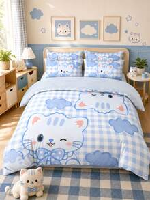 Juego de ropa de cama de 2/3 piezas, juego de funda nórdica con estampado de gato azul a cuadros. Suave, cómodo, amigable con la piel, transpirable, adecuado para todas las estaciones, decoración navideña, regalo de Navidad, disponible en tamaños individual, doble, queen, king, dormitorio, textiles para el hogar minimalista, esencial para volver a la escuela, lavable a máquina, decoración de otoño, suministros para la habitación, 1 funda nórdica con 1/2 fundas de almohada (rellenos no incluidos). - Azul - Ver 1