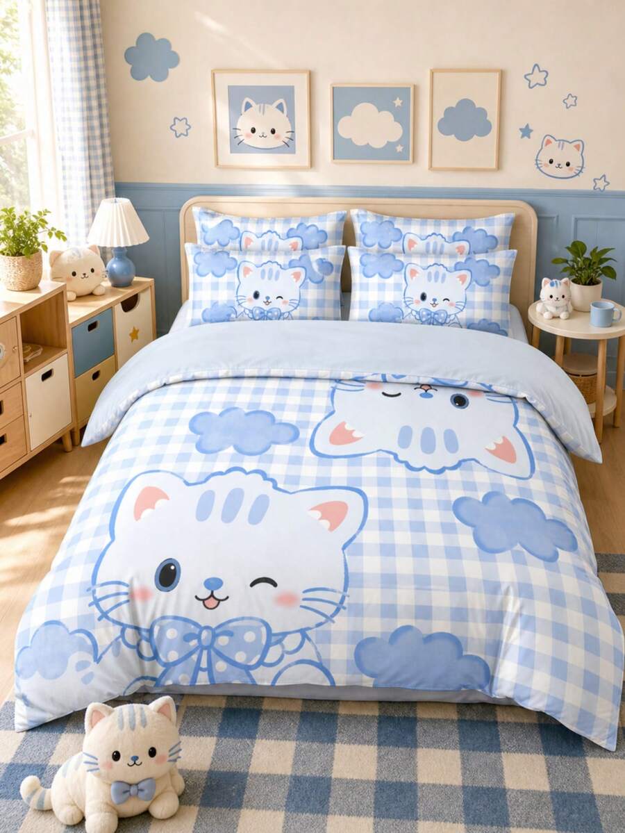 Juego de ropa de cama de 2/3 piezas, juego de funda nórdica con estampado de gato azul a cuadros. Suave, cómodo, amigable con la piel, transpirable, adecuado para todas las estaciones, decoración navideña, regalo de Navidad, disponible en tamaños individual, doble, queen, king, dormitorio, textiles para el hogar minimalista, esencial para volver a la escuela, lavable a máquina, decoración de otoño, suministros para la habitación, 1 funda nórdica con 1/2 fundas de almohada (rellenos no incluidos). - Azul - Ver 1
