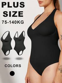 1pc Plus Size Women's Seamless Tummy Control Shapewear, 2 Ways To Wear, Detachable Straps, One-Piece Thong Bikini Style, Strapless Bandeau Bodysuit - Black - View 9