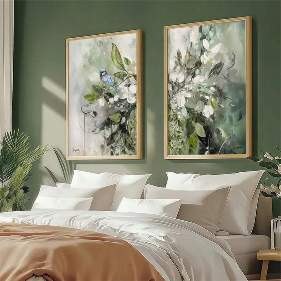 1 Stück/2 Stücke Leinwandgemälde Dekorative Kunstwerke, Grüne Tropische Wildblumen Wanddekoration, Abstrakte Blumenpflanzen Mode Gemälde für Wohnzimmer Schlafzimmer Badezimmer Küche Home Office Wohnheim Wanddekoration Bild Optionaler Rahmen - Mehrfarbig - Übersicht 1