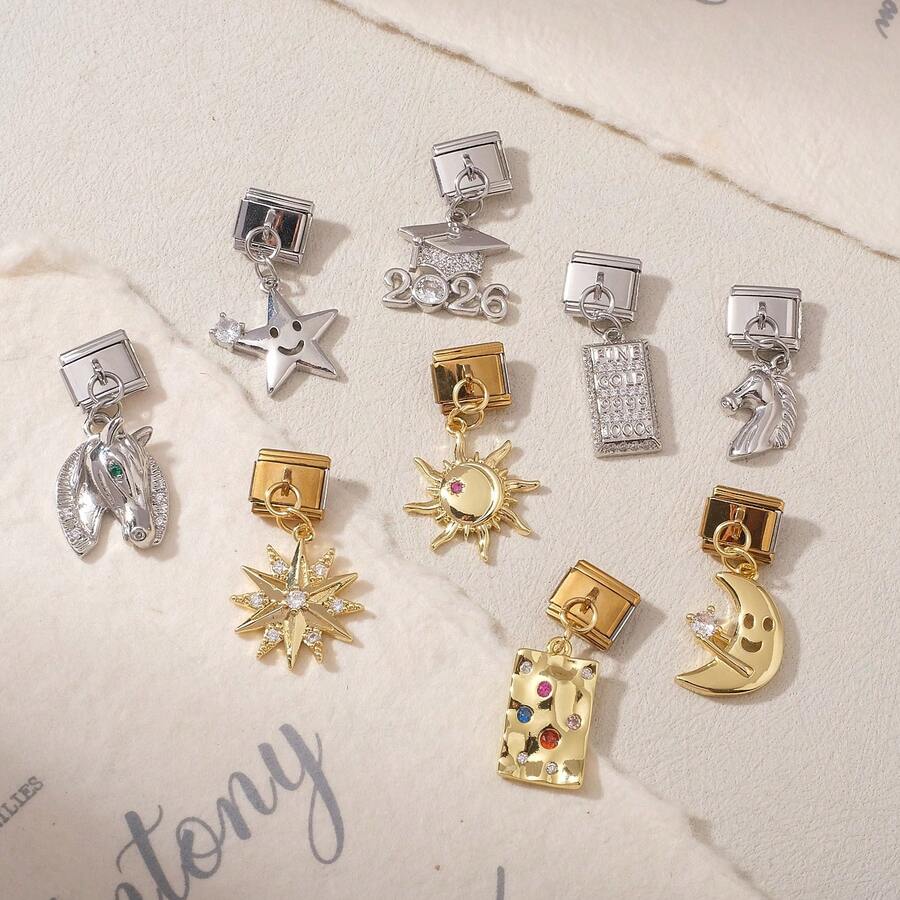 1pc Gold & Silver Italian Modular Pendant, Star Moon Sun Horse & 2026 Graduation Cube Cubic Zirconia Pendant, Celestial Lucky Theme DIY Accessory - 2026 Horse Edition - View 1