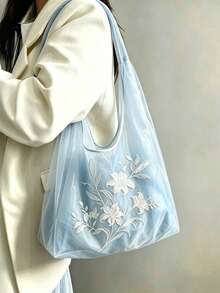 2026 New Light Blue Mesh Embroidery Tote Bag For Women, Lily Embroidered Large Capacity Shoulder Bag, Versatile Commuter Bag - Baby Blue - View 2