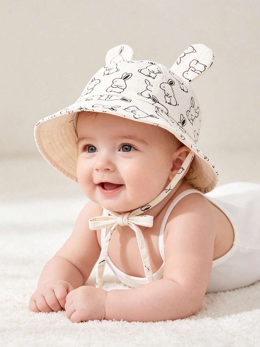 1 pieza Sombrero de sol de unicolor para bebé, sombrero de cubo transpirable para la playa con cuerda ajustable, adecuado para niños y niñas para protección solar de verano - 1PC - Ver 1