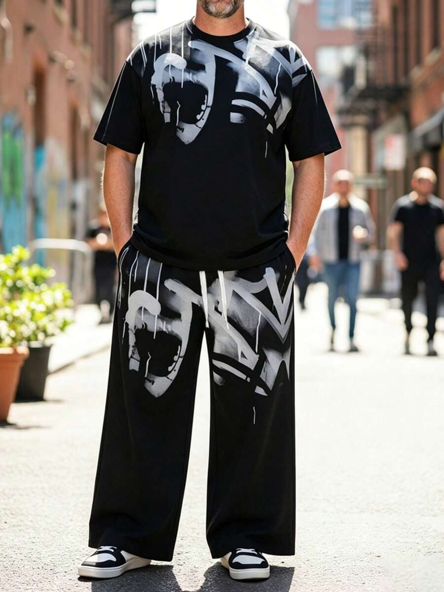 男士秋冬時尚舒適深色潑墨印花寬腿長褲與短袖上衣套裝 - 彩色 - 查看 1