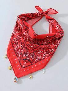 1pc Summer Ocean Style Women's Fashion Paisley Print Pattern Headscarf - With Starfish, Sea Turtle, Seashell Decoration Multifunctional Women's Headband Square Scarf, Polyester Material, Suitable For Beach, Seaside And Daily Wear - Red - View 6