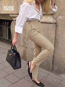 ROSIE POPHUB Women Apricot Elegant High Waist Pleated Straight Leg Pants Single Button Slim Fit Office Work Trousers For Daily Commute Fall Winter - Apricot - View 6