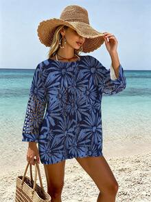 ASHKATIA Blue Floral Print, Bohemian Vintage Style, Summer Beach Vacation, Plus Size Women Kaftan, Boat Neck 3/4 Sleeve - Multicolor - View 13