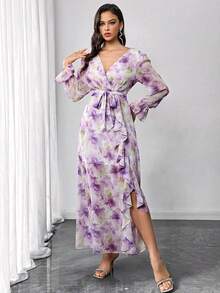 1 pieza Vestido maxi elegante de manga larga con cuello en V, estampado y volantes, vestido formal de lujo para fiesta de graduación, boda y cóctel para mujer - Morado - Ver 1