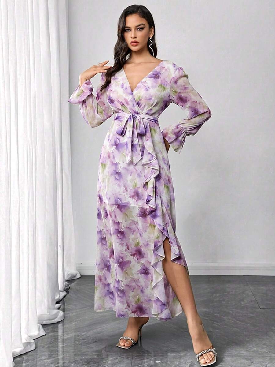 1 pieza Vestido maxi elegante de manga larga con cuello en V, estampado y volantes, vestido formal de lujo para fiesta de graduación, boda y cóctel para mujer - Morado - Ver 1