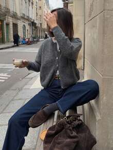 Stylish, Minimalist And Elegant Women's Grey Knitted Cardigan With Natural Shell Buttons, Suitable For Autumn And Winter Daily Wear. Fall - Dark Grey - View 2