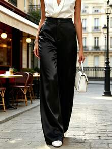 New Acetate Satin White Wide-Leg Pants For Women, High-Waisted Straight Leg Trousers, Versatile For Commuting, Festival Outfits Summer Black - Black - View 1