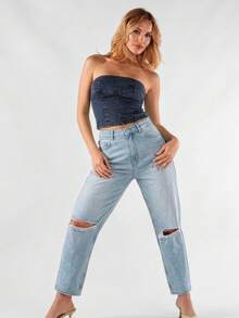 Jeans de mujer con rodillas rotas azul claro - Azul cielo - Ver 1