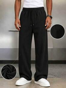Men's Wear; 1 Pair Men's Loose Fashion Sports Long Pants, Minimalist Solid Color Wide Leg Casual Fit, Drawstring Waist Design, Large Pockets, Suitable For Daily Walking, Work, Travel And Other Occasions. A Perfect Father's Day Gift For Dad - Black - View 5