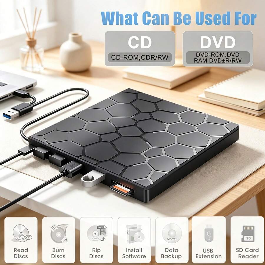 Drive Optik Eksternal USB 3.0 8-in-1, Pembakar CD/DVD Portabel Ultra Tipis dengan Port Ekspansi USB-A/Type-C dan Pembaca Kartu SD/TF, Mendukung Baca/Tulis dan Dapat Ditulis Ulang CD/DVD, Kompatibel dengan Windows 11/10/8/7, Linux, Untuk Laptop dan Desktop, Cocok untuk Pemutaran Film, Pencadangan Data, dan Instalasi Perangkat Lunak