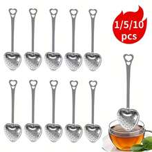 1/5/10pcs Stainless Steel Heart-Shaped Long Handle Tea Strainer, Portable Stainless Steel Tea Sieve/Filter, Seasoning Ball, Handle Fine Mesh Tea Ball, Loose Leaf Tea Infuser, Gift For Her, Valentine's Day, Wedding Favor, Tea Party Accessory - Silver - View 2