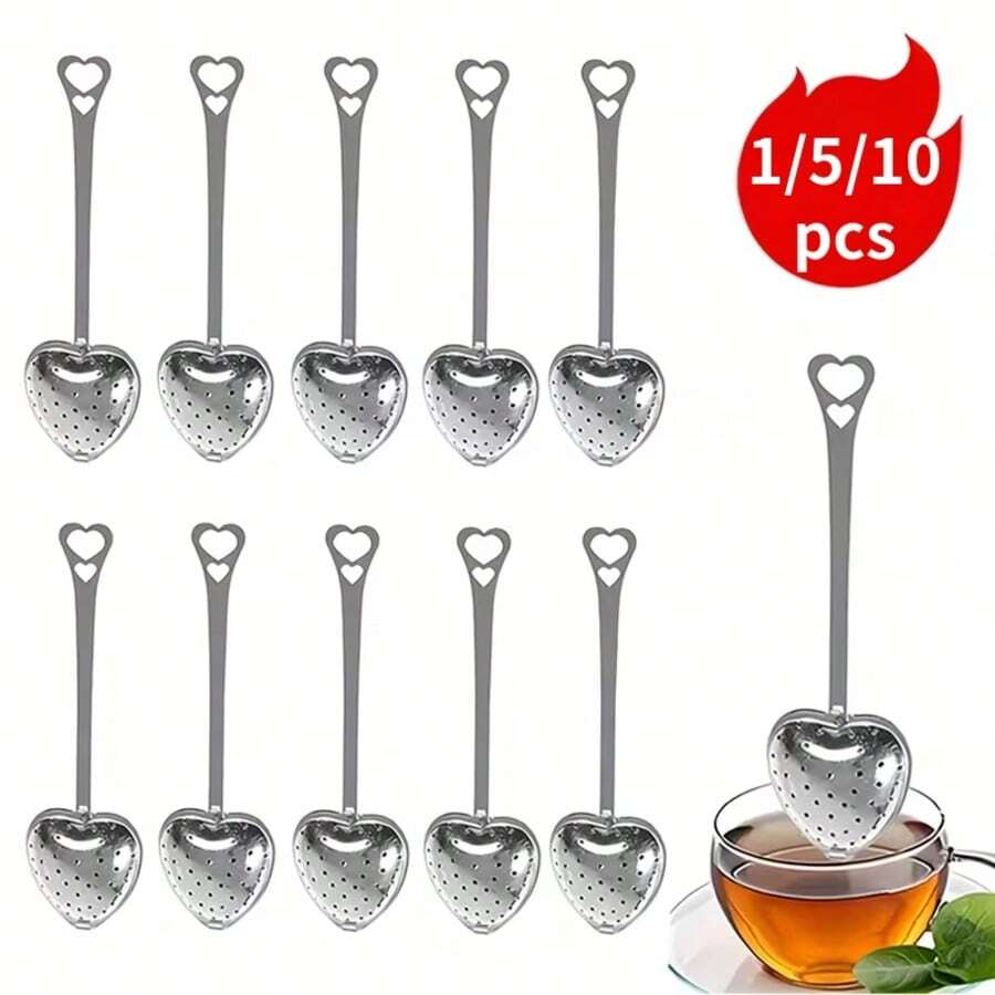 1/5/10pcs Stainless Steel Heart-Shaped Long Handle Tea Strainer, Portable Stainless Steel Tea Sieve/Filter, Seasoning Ball, Handle Fine Mesh Tea Ball, Loose Leaf Tea Infuser, Gift For Her, Valentine's Day, Wedding Favor, Tea Party Accessory