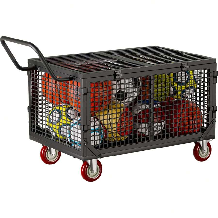 Rolling Fine Mesh Ball Storage Cart, Lockable Wheeled Organizer Basket For Small Sports Balls And Gym Gear - Black - View 1