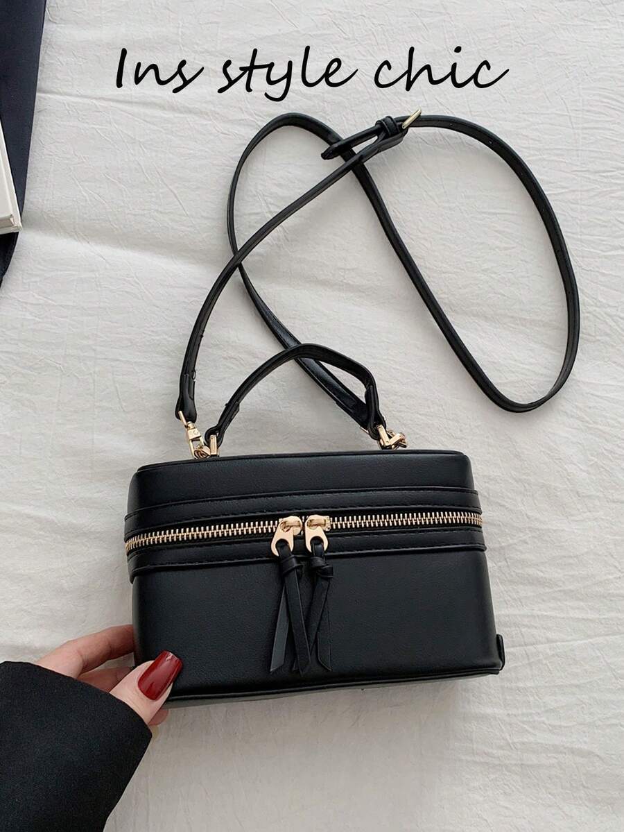 Túi xách hộp vuông mini màu đen thuần, bề mặt trơn, tay cầm ngắn, khóa kéo đôi màu vàng, vòng kéo tua rua, dây đeo vai có thể tháo rời và điều chỉnh - màu đen - Xem 1