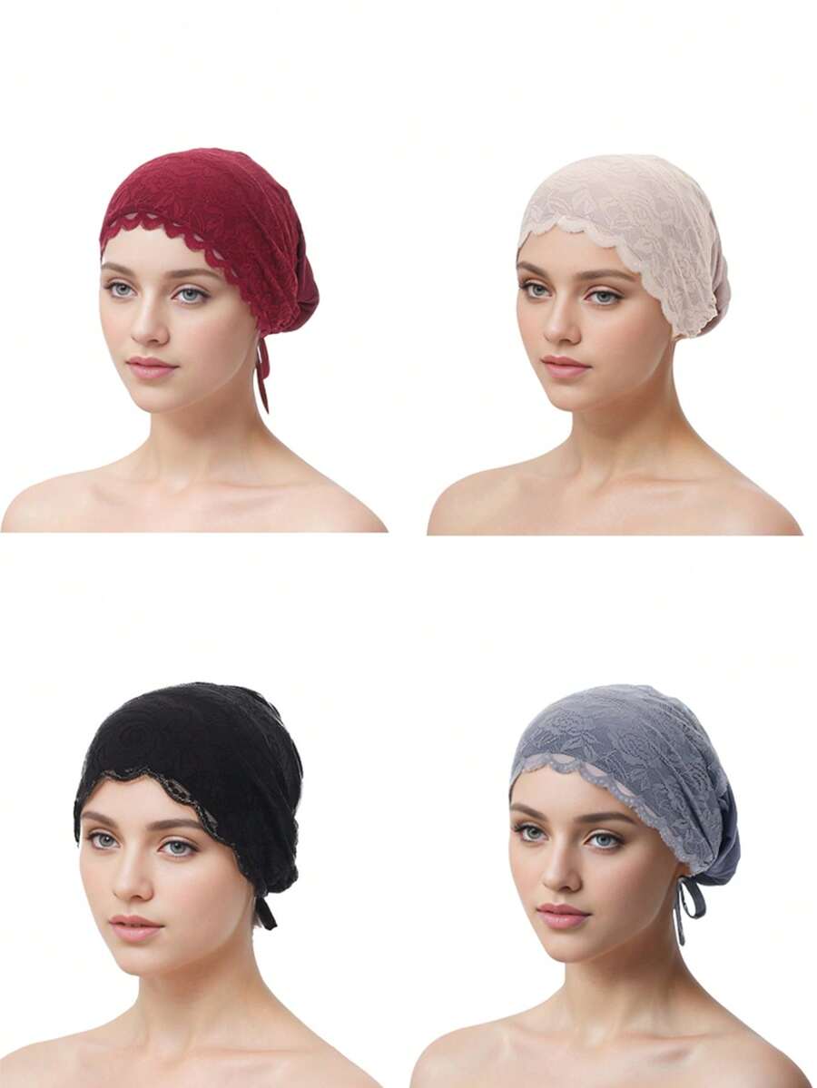 4pcs Lace Trim Tie-Up Base Caps - 1 Black + 1 Burgundy + 1 Light Khaki + 1 Dark Gray - View 1