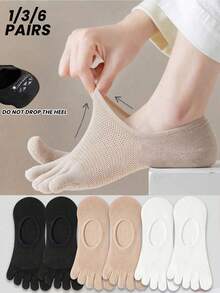 1/3/6 Pairs Women Summer Thin Toe Socks, Breathable Mesh Sweat-Wicking Mid-Calf Five Finger Socks, Fall - Multicolor - View 1