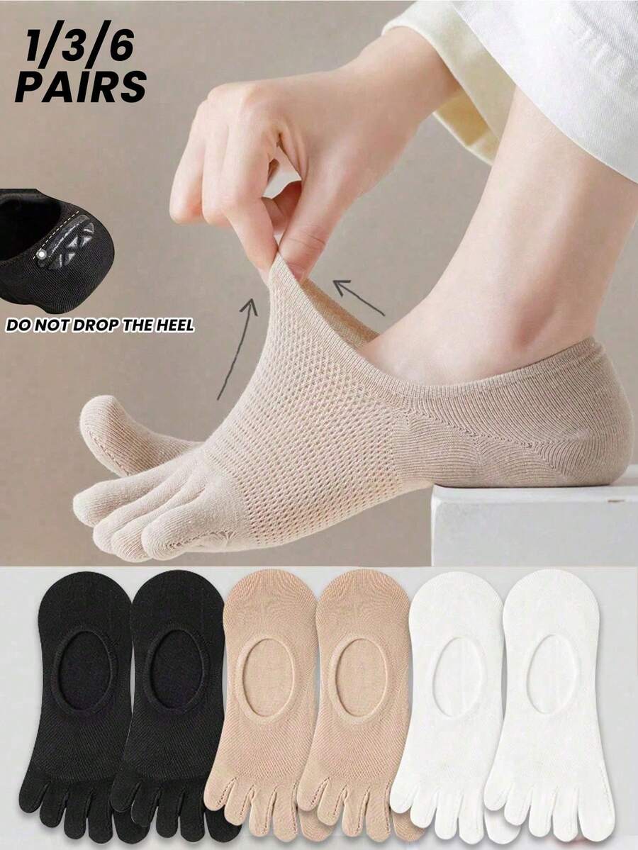 1/3/6 Pairs Women Summer Thin Toe Socks, Breathable Mesh Sweat-Wicking Mid-Calf Five Finger Socks, Fall - Multicolor - View 1