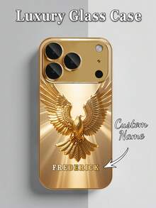 1件 DIY 定製姓名放射金光展開翅膀金鷹圖案，電鍍金強化玻璃材質手機殼，適用於 iPhone 17ProMax/Apple 16 Pro Max/15/14 Plus/13 Pro/12 Pro Max/11/XsMax/8/7/6Plus 配對手機殼 - 金色 - 查看 3