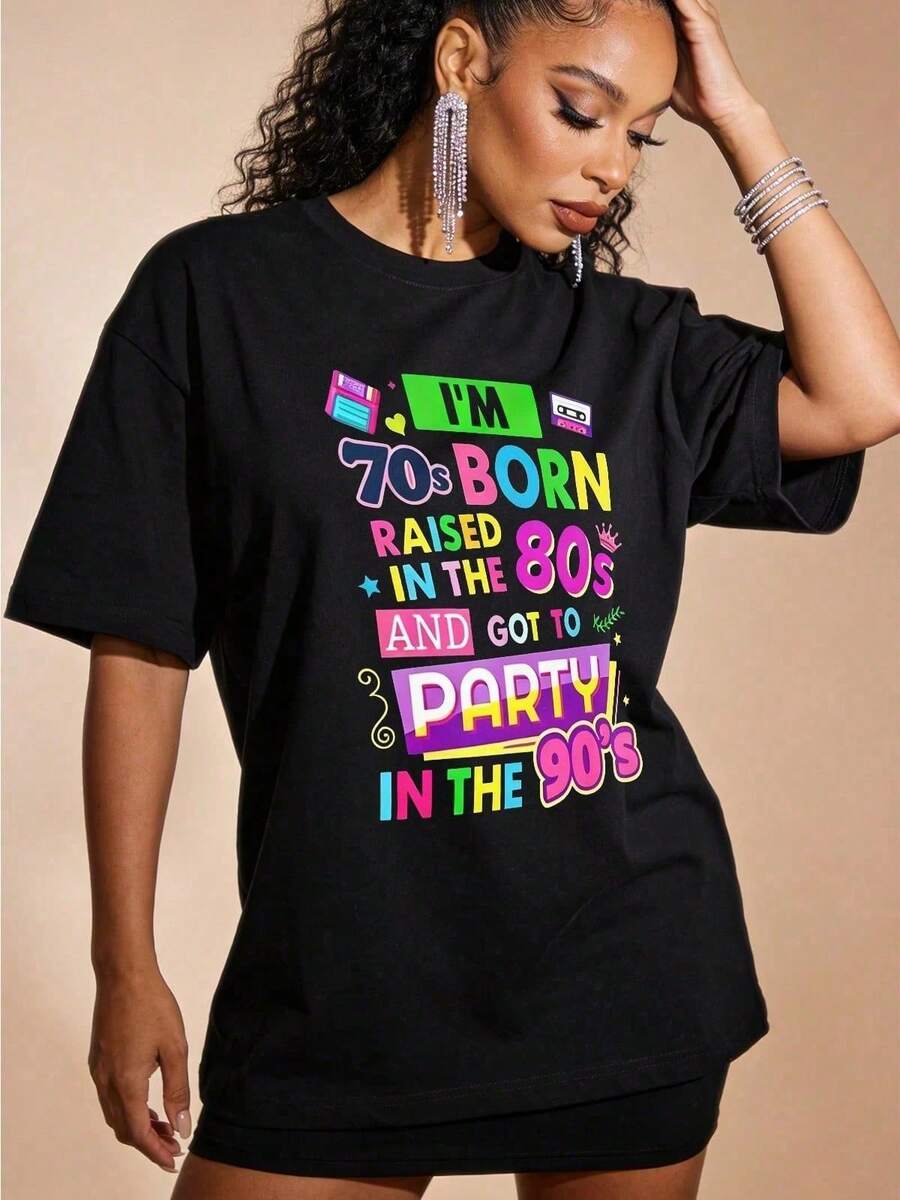 Damen Sommer Lässig Weiches Rundhals Kurzarm T-Shirt,RÜCKEN,70er,80er,90er,Vintage,PARTY,Tops zum Ausgehen,King Of Pop Halfton,Europäischer und Street - Czarne - Zobacz 1