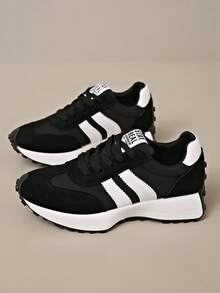 Women's Flat Casual Sports Shoes, Retro Lace-Up Shoes, Lightweight Minimalist Fitness Walking Sneakers, Suitable For All Seasons - Black - View 6