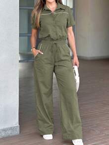 LUNNELUX Women's Autumn Green Collared Short Sleeve Wide Leg Tie Waist Jumpsuit Summer - Green - View 11