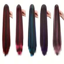 24 Inch Claw Clip Ponytail Extension For Women High Heat Resistant With Mix Highlights Pony Tails Hair Extensions Synthetic Wigs In Black Gradient, Burgundy T Are Available In Multiple Colors Festivals, Halloween, Christmas, Dates, And Gatherings - Multicolor - View 8