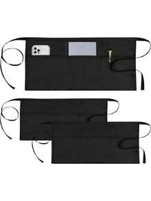 1pc 3-Pocket Black Server Apron, Short Half-Body Waist Apron For Catering Work Uniform - Multicolor - View 2