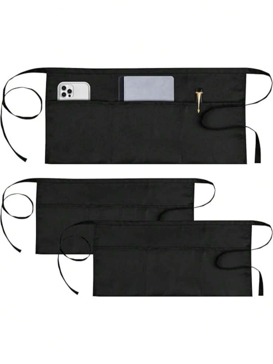 1pc 3-Pocket Black Server Apron, Short Half-Body Waist Apron For Catering Work Uniform