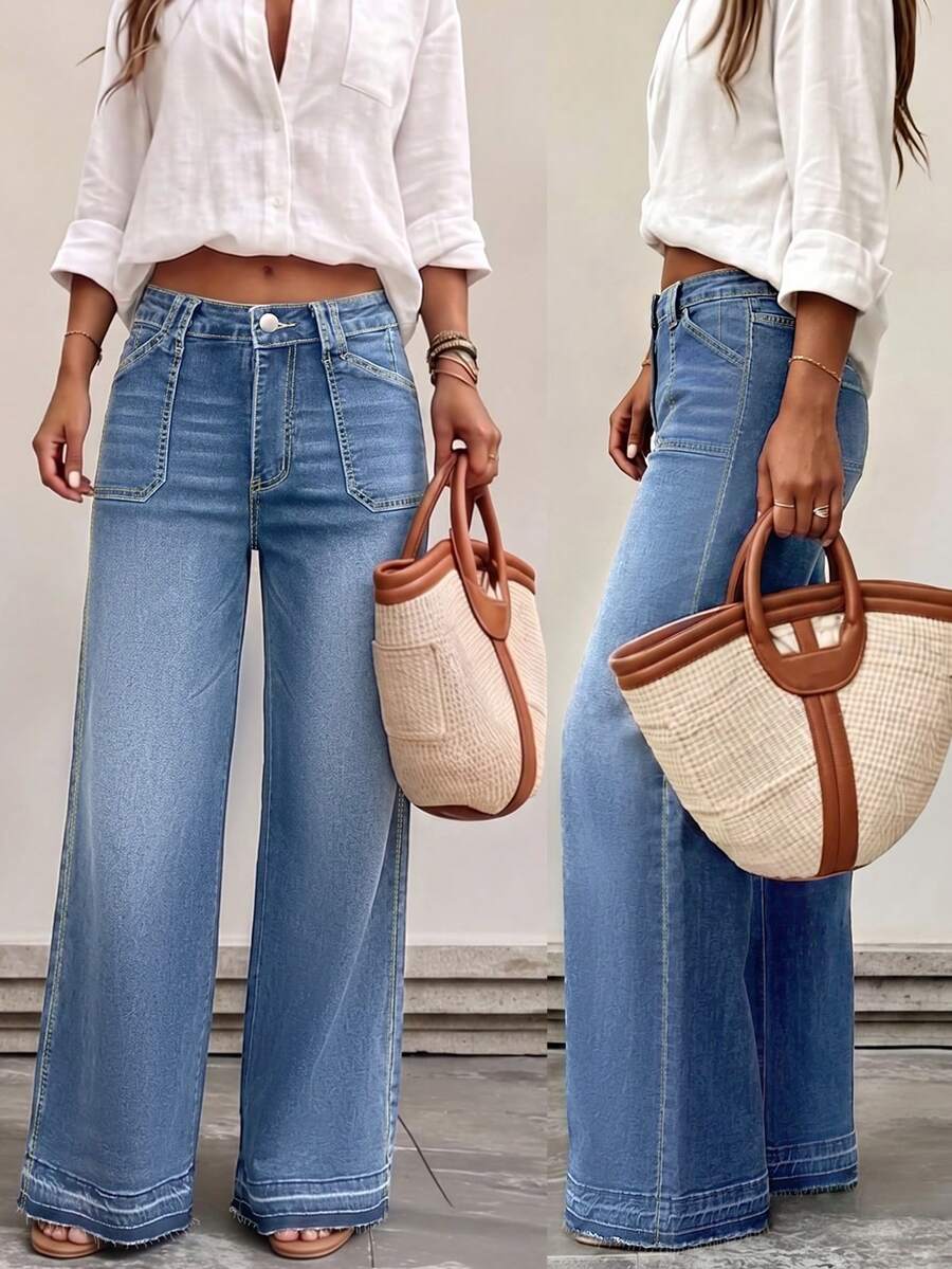 Button Detail Straight Leg Jeans, Mid-Stretch Long Casual Style Suitable For Multiple Occasions - Light Wash - View 1