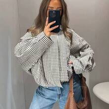 女款黑白格紋短夾克，立領抽繩下擺，長袖聚酯纖維休閒外套 - 灰色 - 查看 2